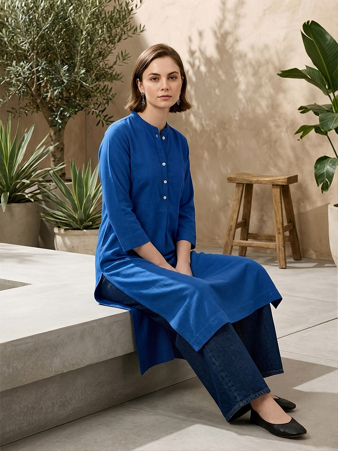 Classic Linen Royal Blue Straight Long Kurta