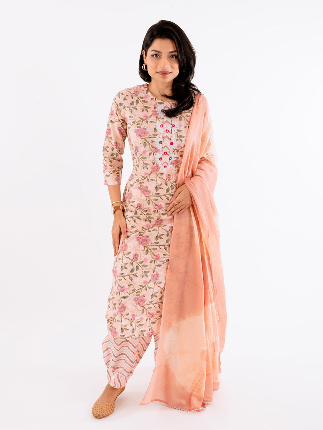 Blushing Peach Mirror Work Cotton Suit