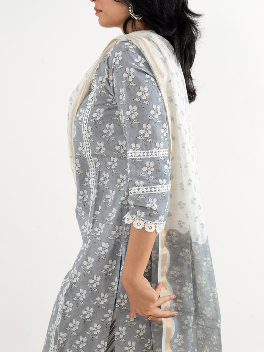 Floral Grey with Lace Work Striped Pant Cotton Suit