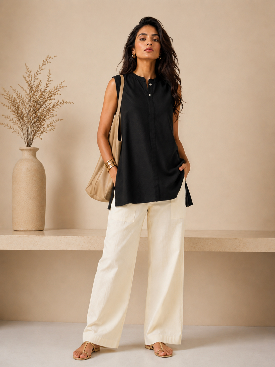Linen Black Solid Short kurta