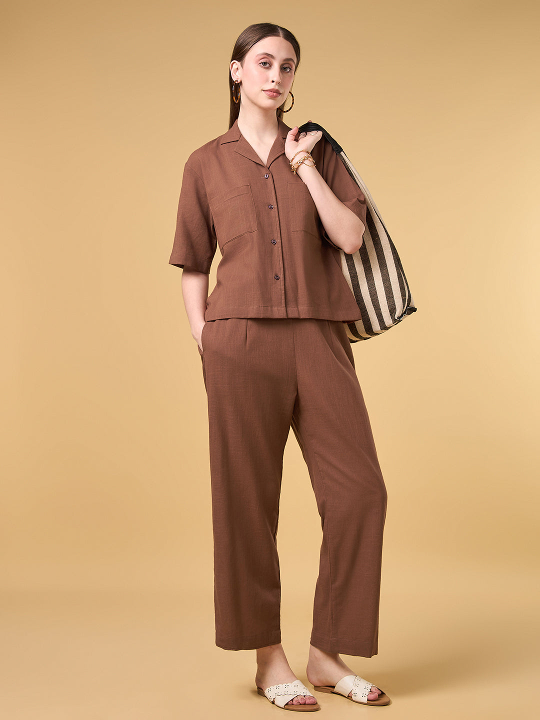 Brown Solid Cotton Co-ord Set