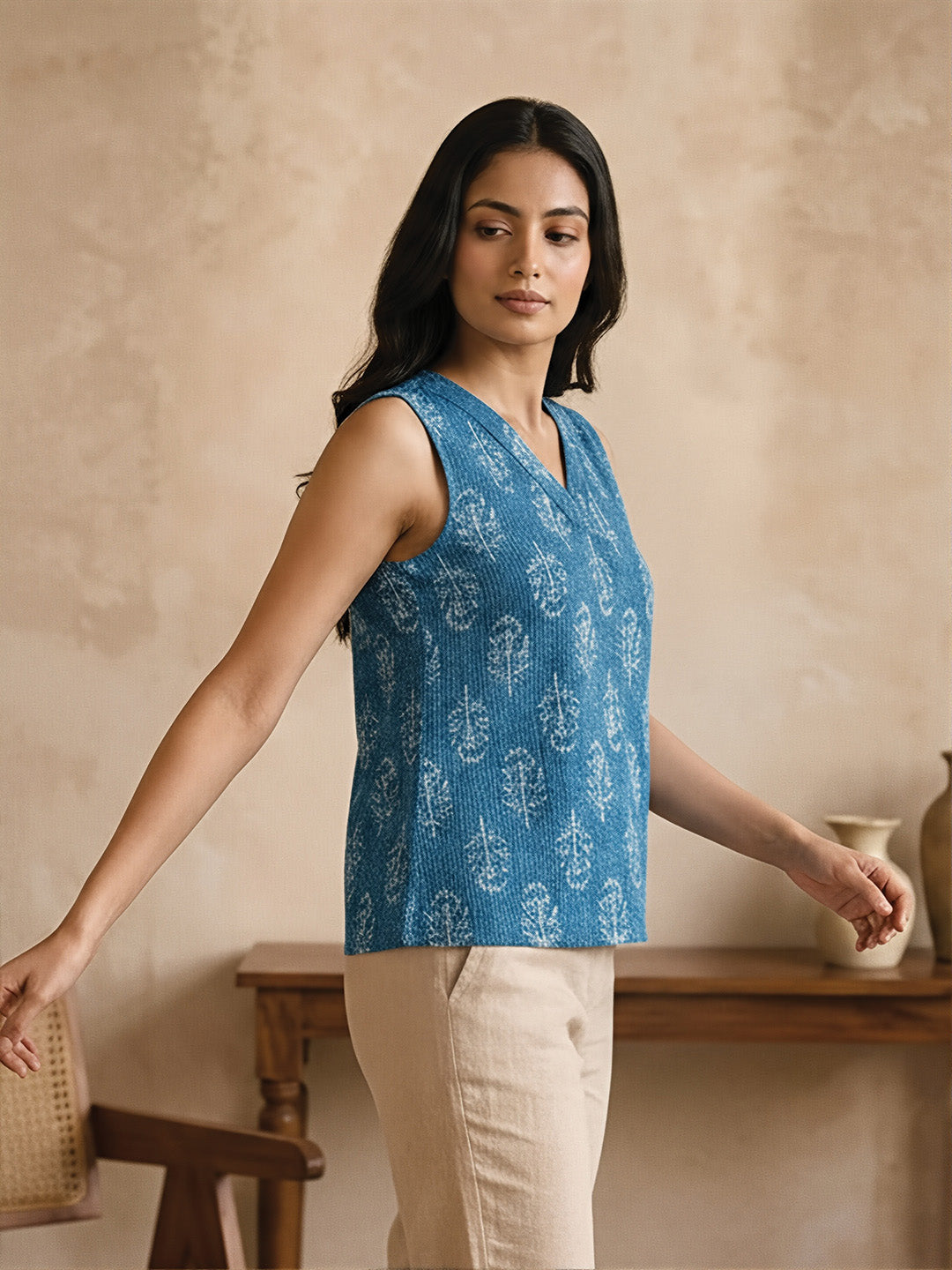 French Blue Floral Print Short Kurta