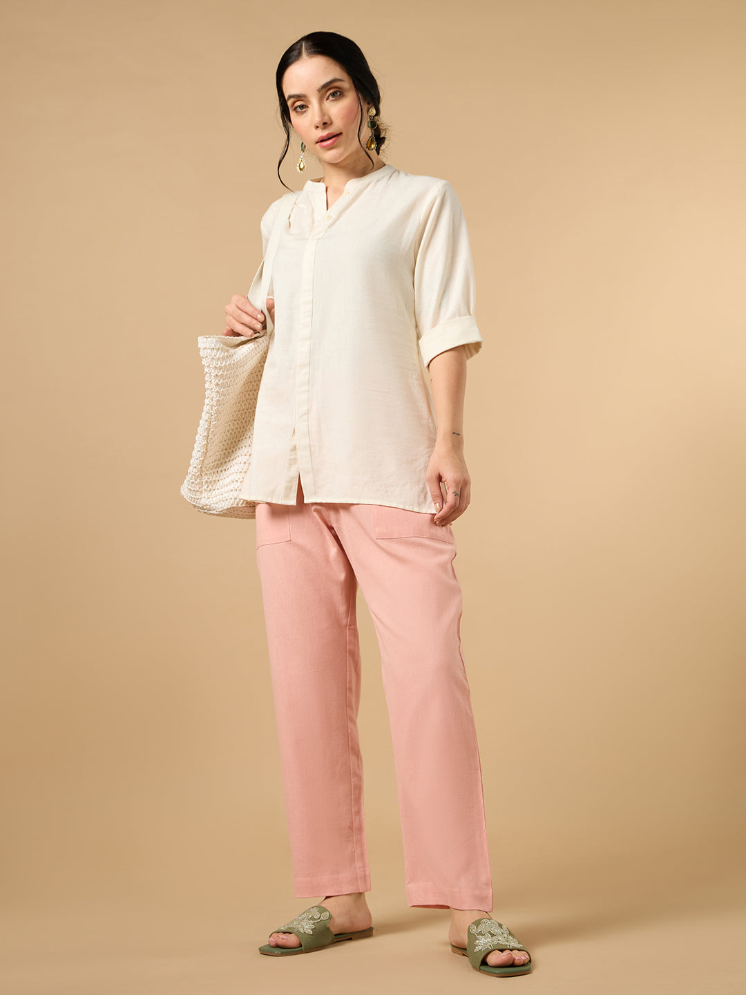 Blushing Peach Pink Cotton Smart Pant