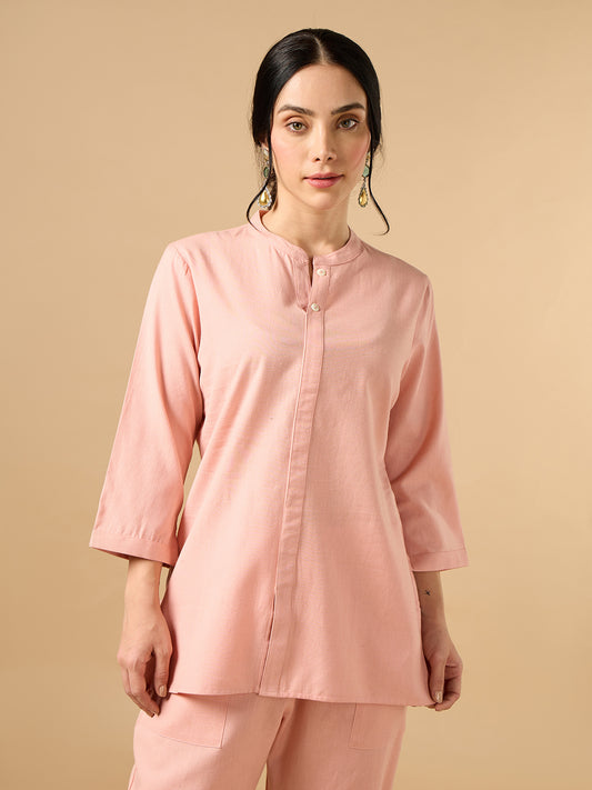 Classic Linen Blushing Peach Pink Short Kurta