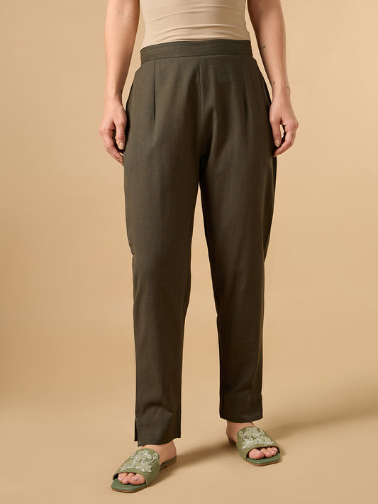 Dark Brown Cotton Straight pant