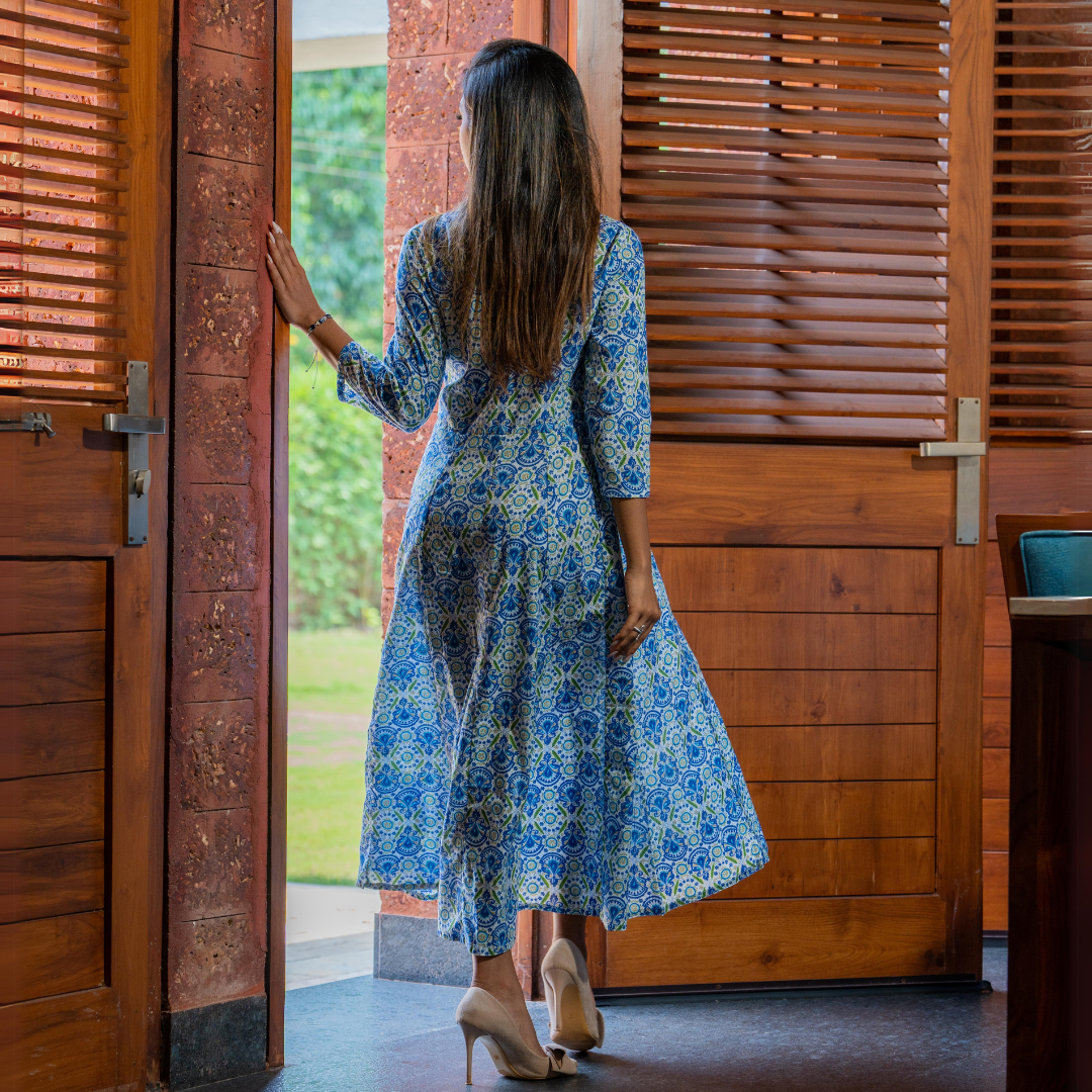 Blue French Country Printed Cotton Dress