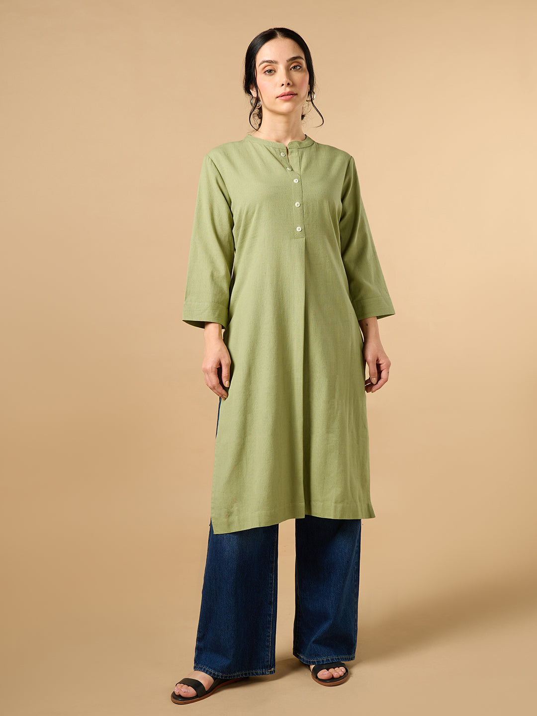 Classic Linen Pista green Straight Long Kurta