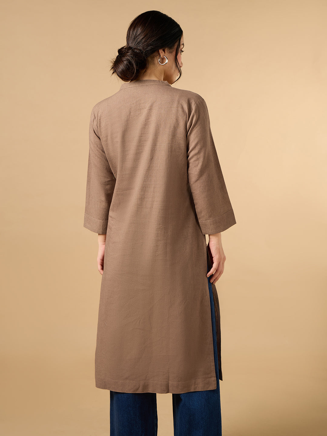 Classic Linen Light Brown Straight Long Kurta