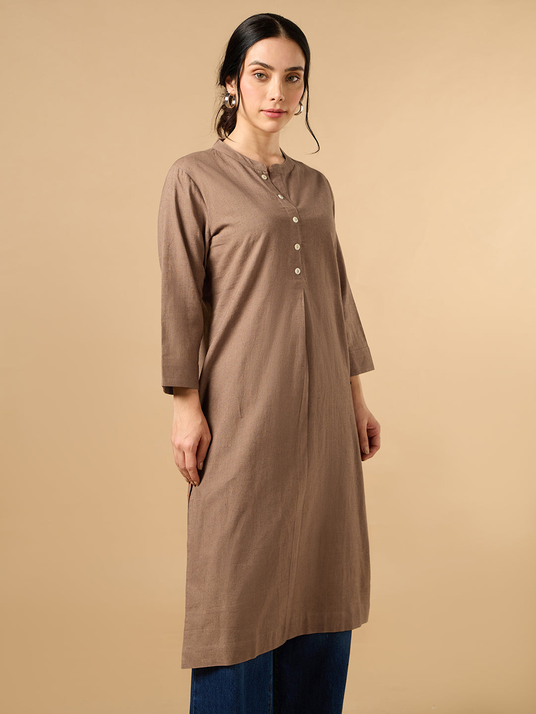 Classic Linen Light Brown Straight Long Kurta