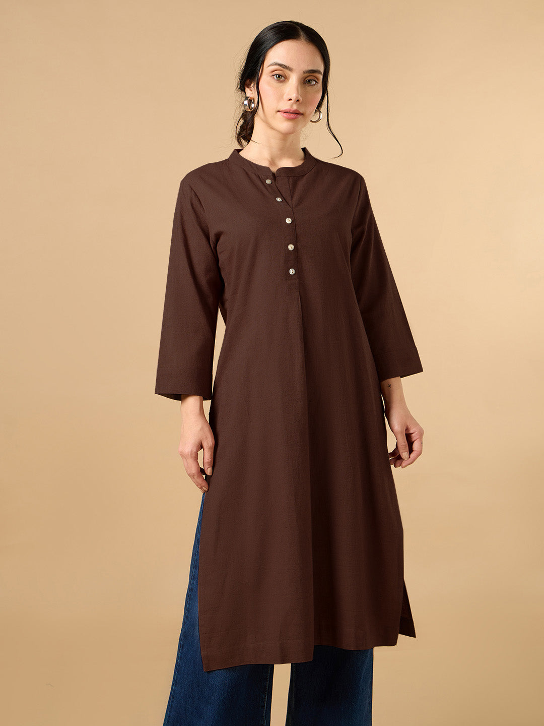 Classic Linen Dark Brown Straight Long Kurta
