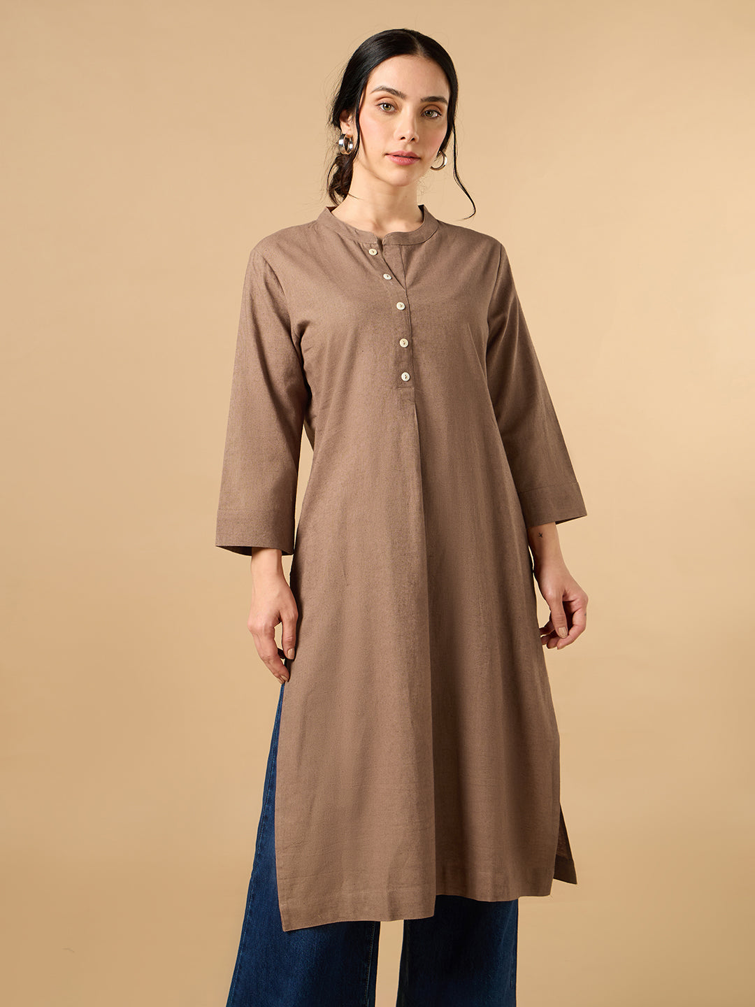 Classic Linen Light Brown Straight Long Kurta