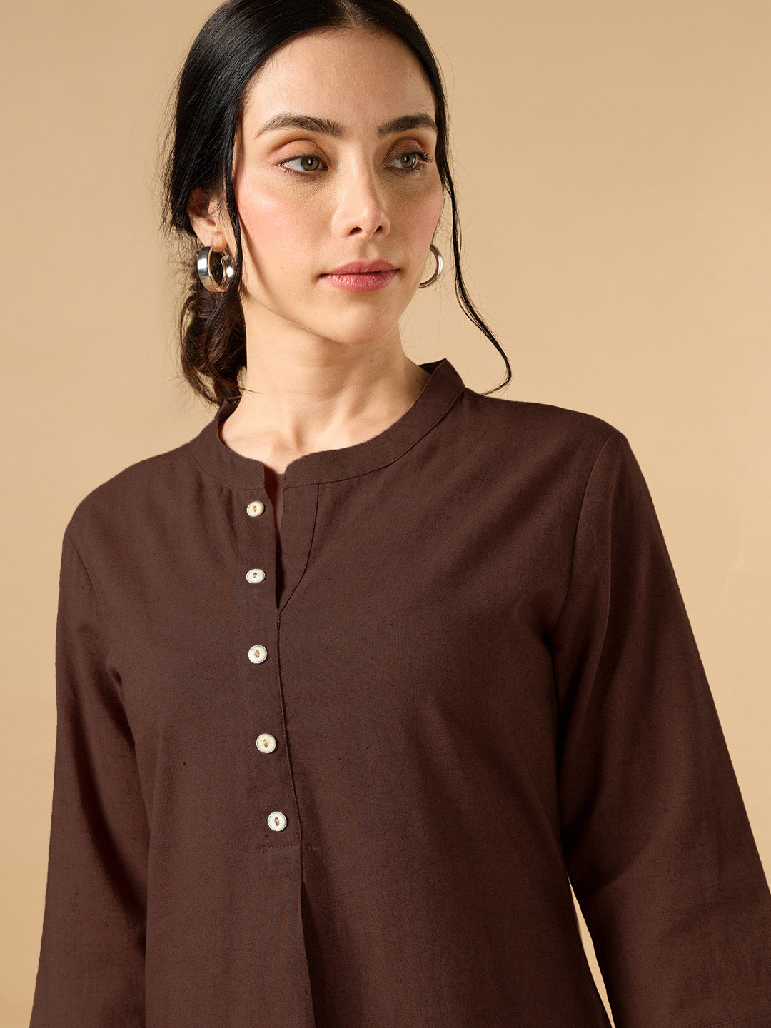 Classic Linen Dark Brown Straight Long Kurta