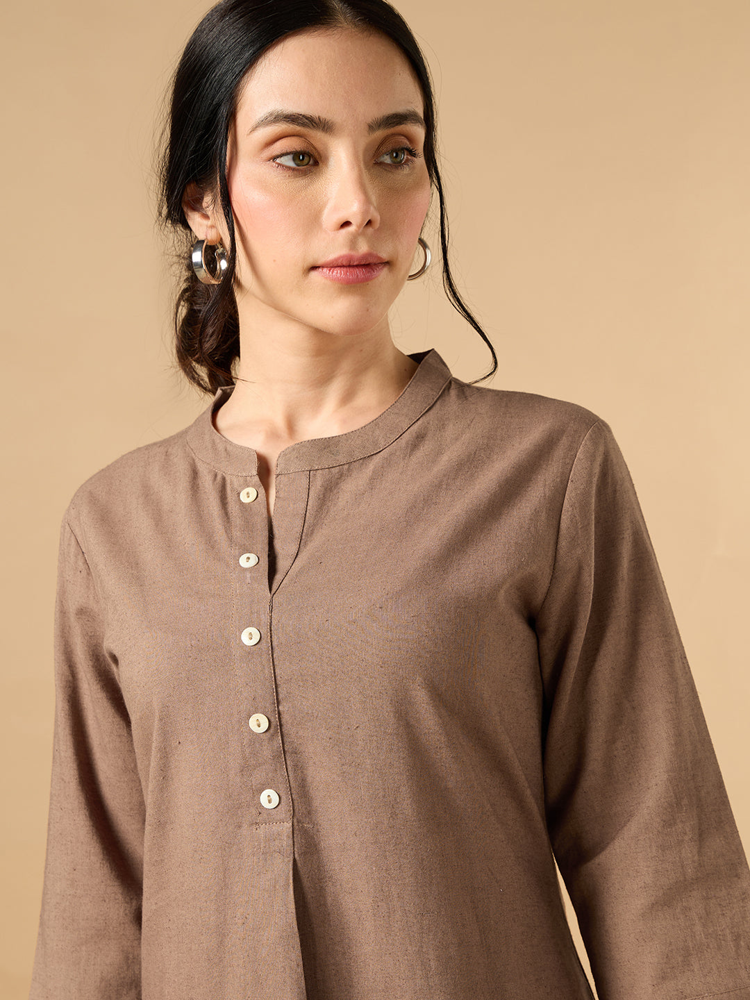 Classic Linen Light Brown Straight Long Kurta