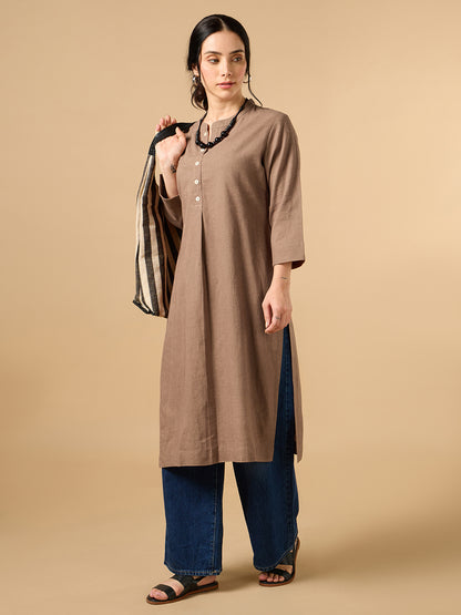 Classic Linen Light Brown Straight Long Kurta