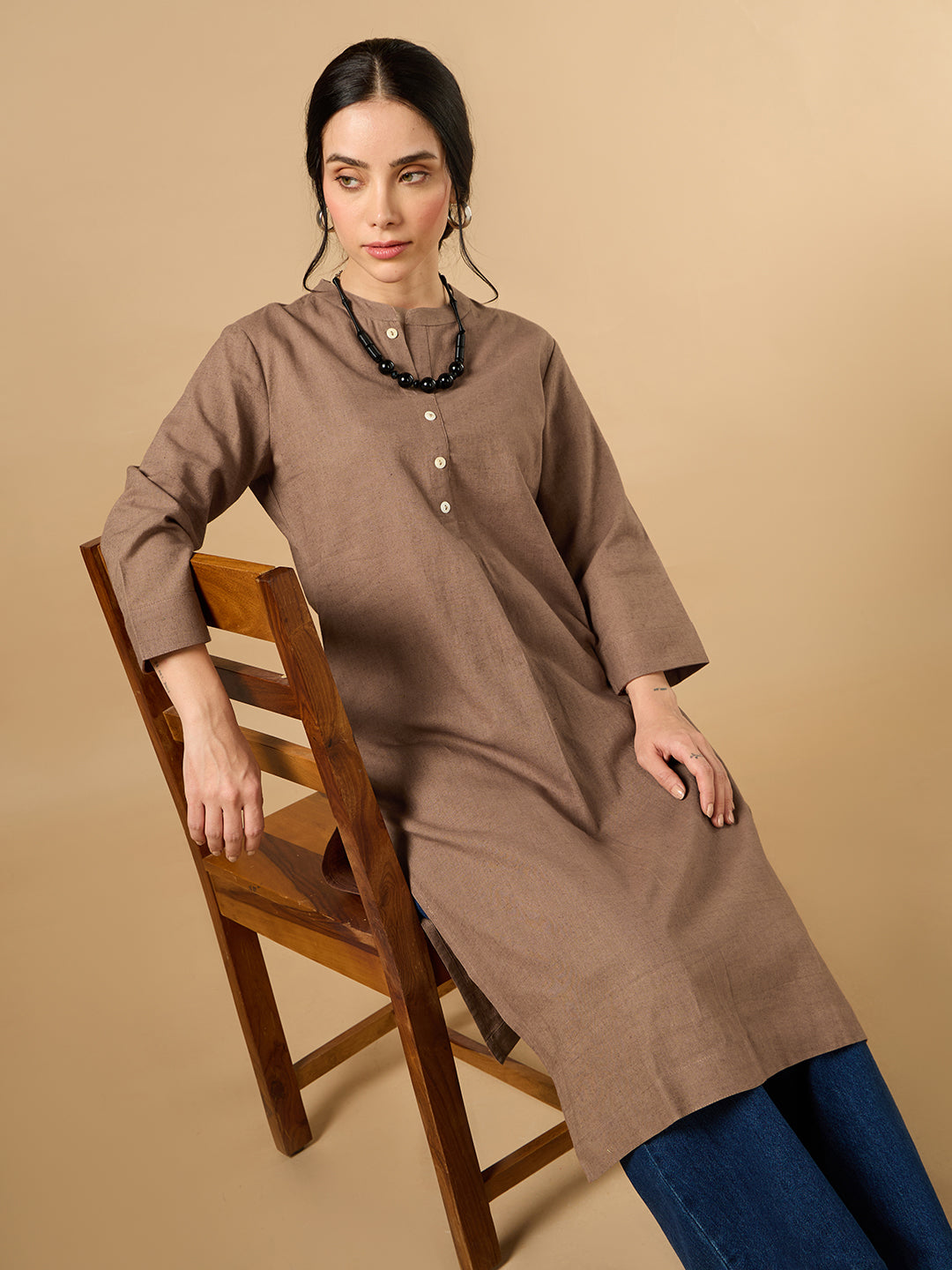 Classic Linen Light Brown Straight Long Kurta