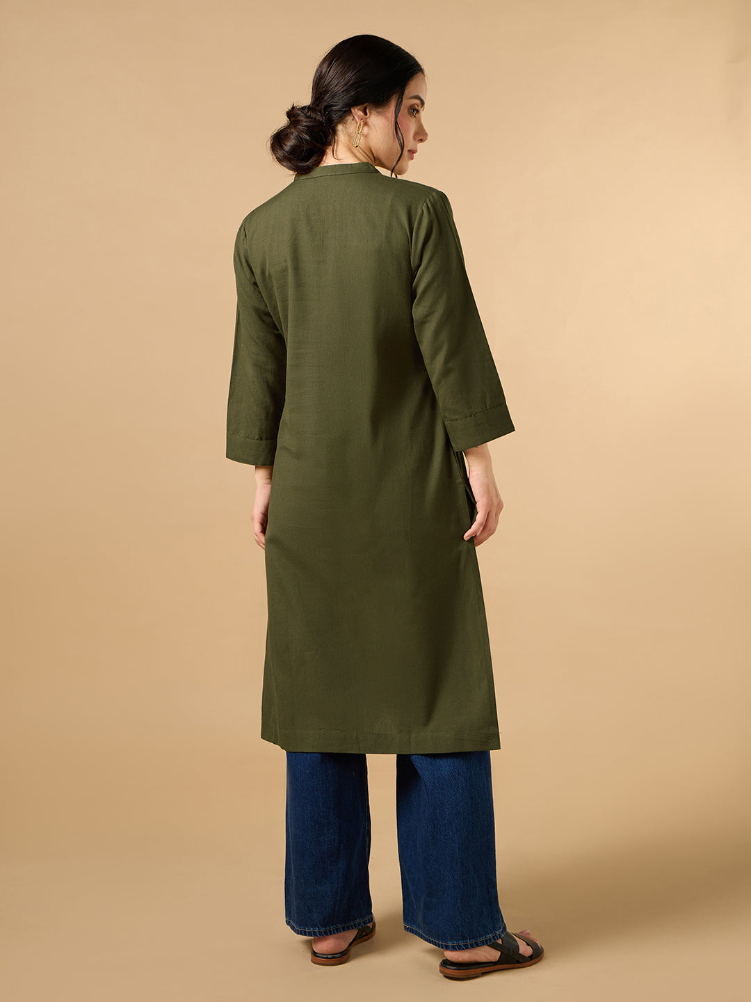 Classic Linen Army Green Straight Long Kurta