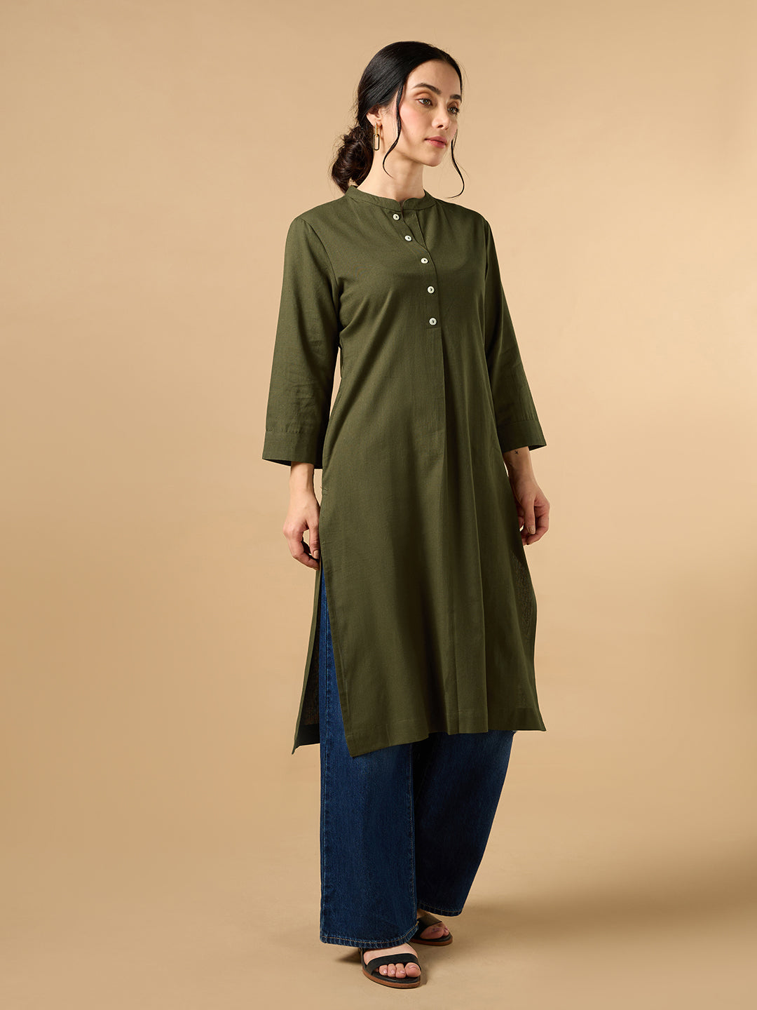 Classic Linen Army Green Straight Long Kurta