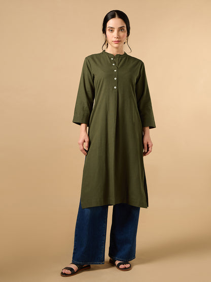 Classic Linen Army Green Straight Long Kurta