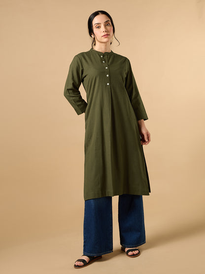 Classic Linen Army Green Straight Long Kurta