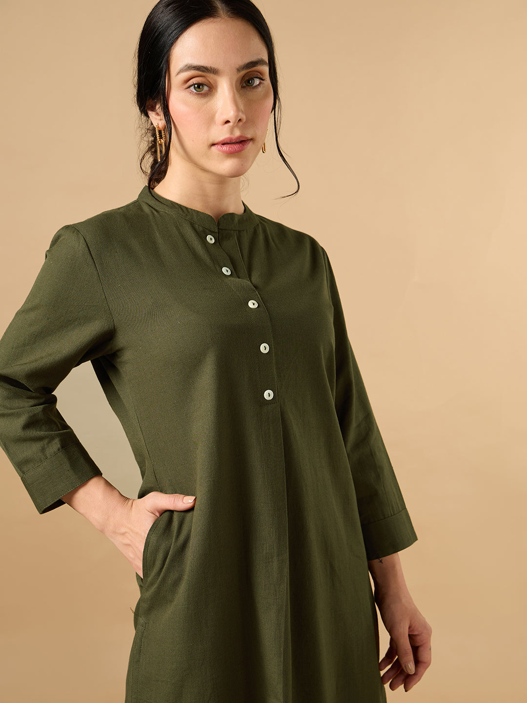 Classic Linen Army Green Straight Long Kurta