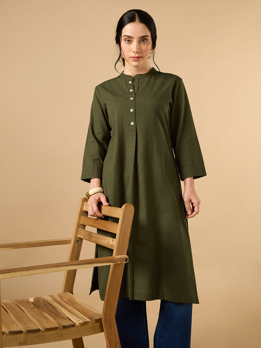 Classic Linen Army Green Straight Long Kurta