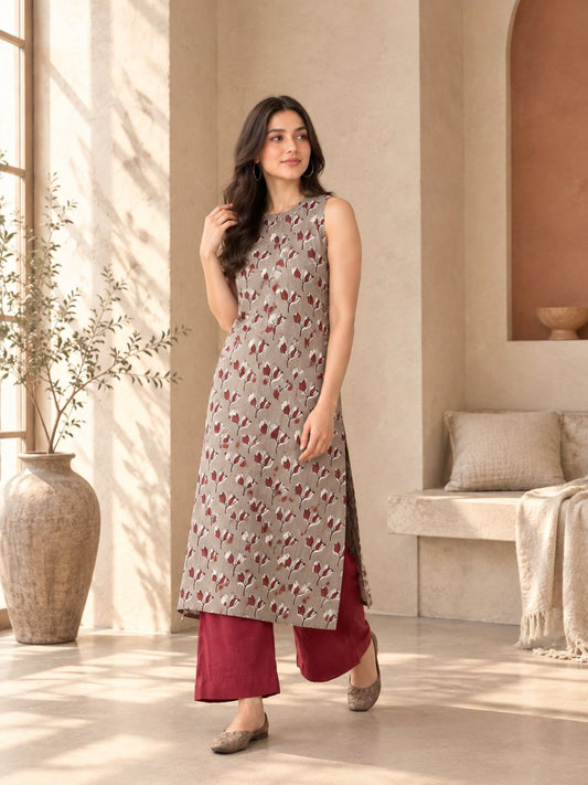 Misty Mud Floral A-line Cotton Kurta