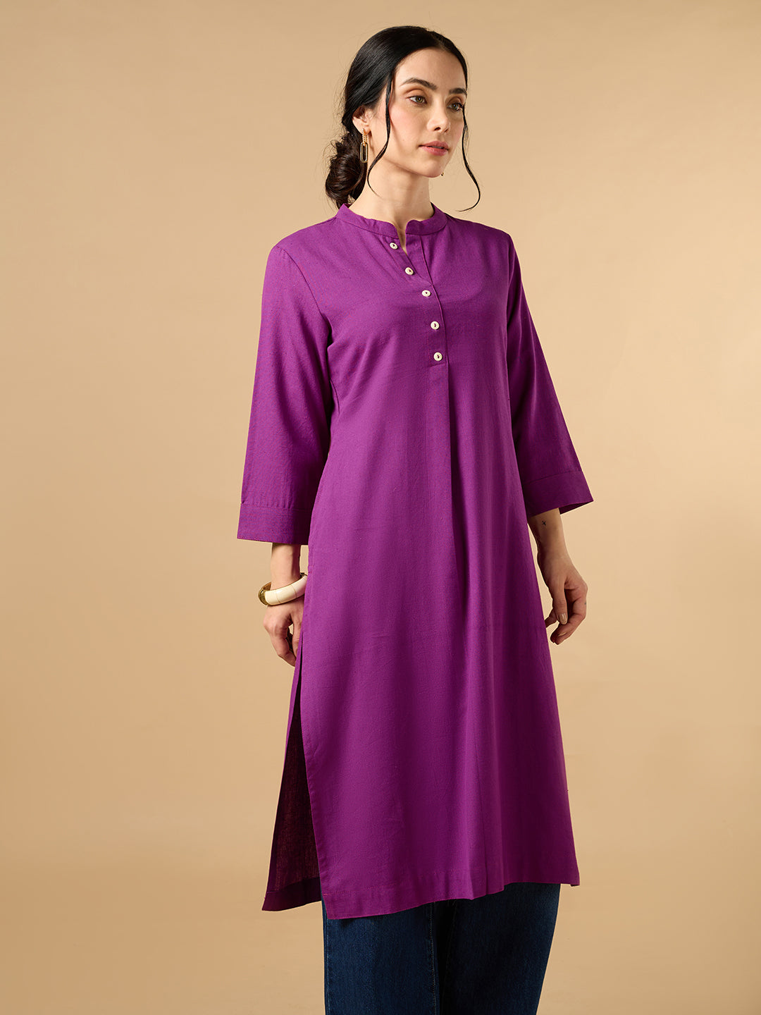 Classic Linen Purple Straight Long Kurta