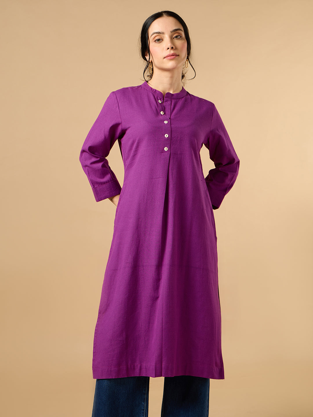 Classic Linen Purple Straight Long Kurta