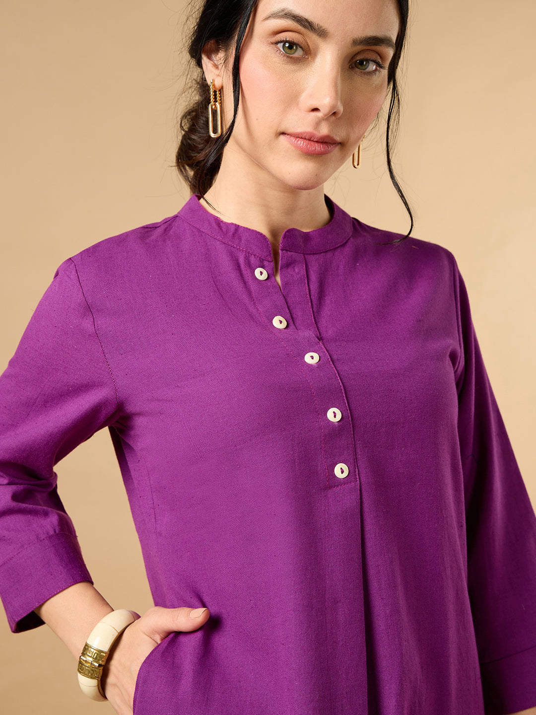 Classic Linen Purple Straight Long Kurta