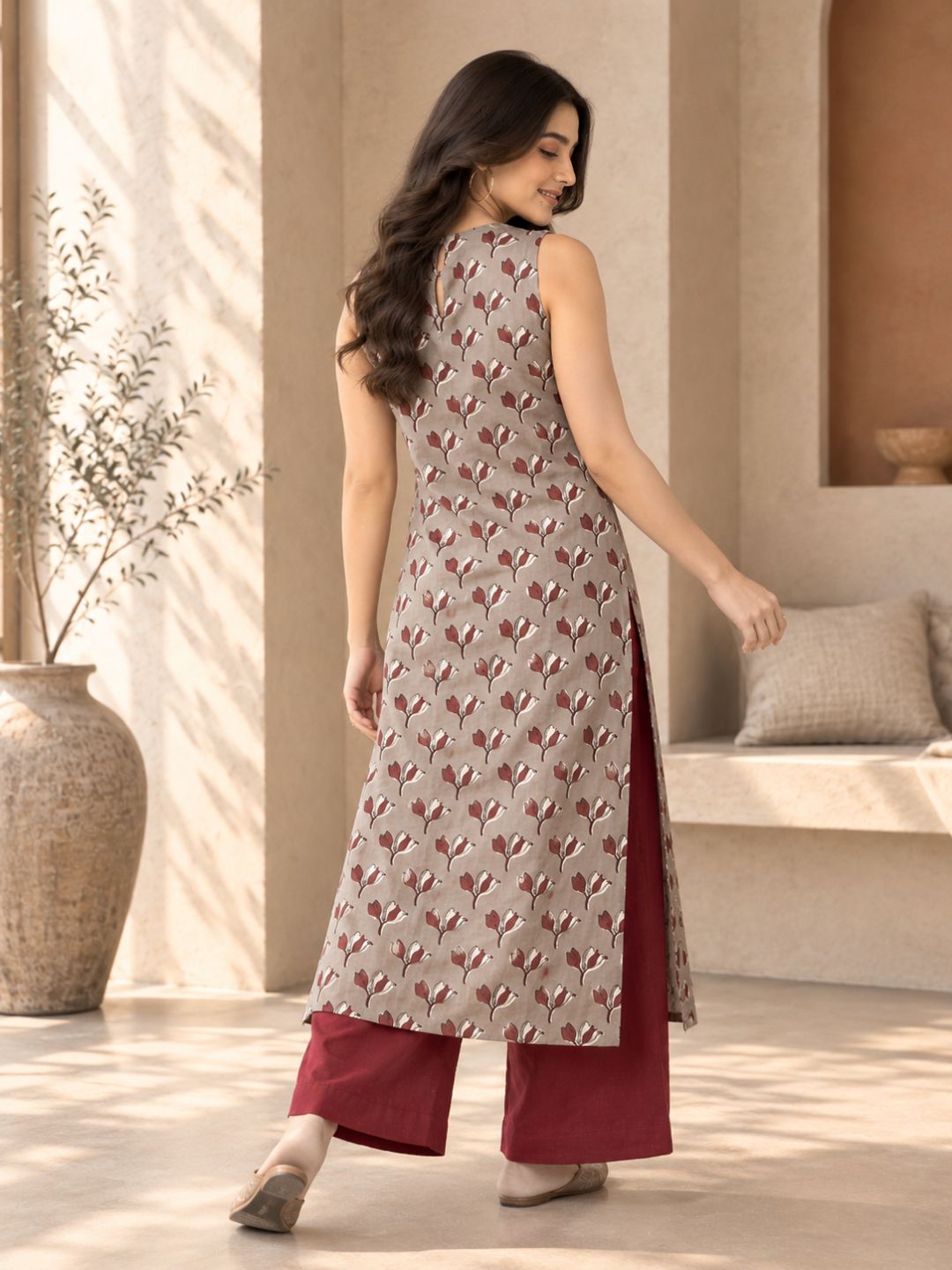 Misty Mud Floral A-line Cotton Kurta