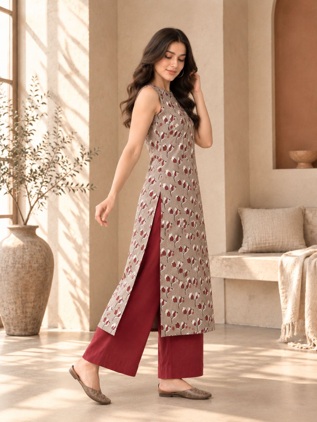 Misty Mud Floral A-line Cotton Kurta