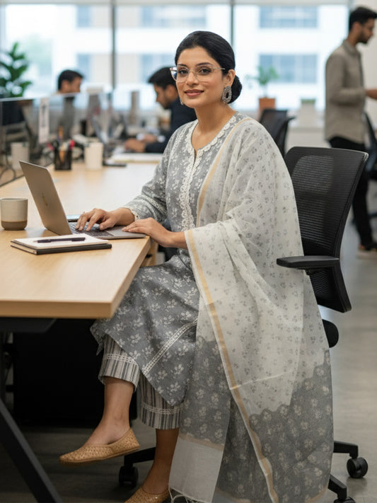 Floral Grey with Lace Work Striped Pant Cotton Suit