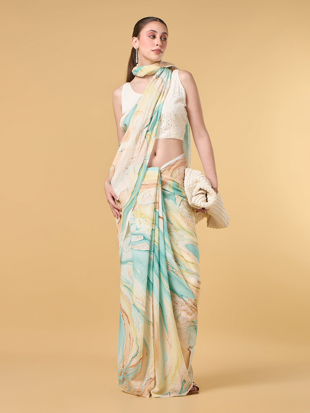 Ocean Blue Hand Marble Printed Cotton Saree