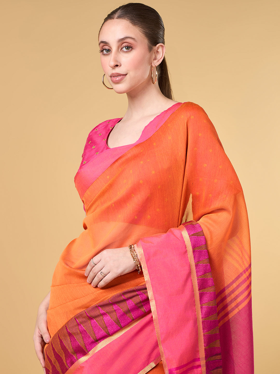 Saffron Temple Border Cotton Saree