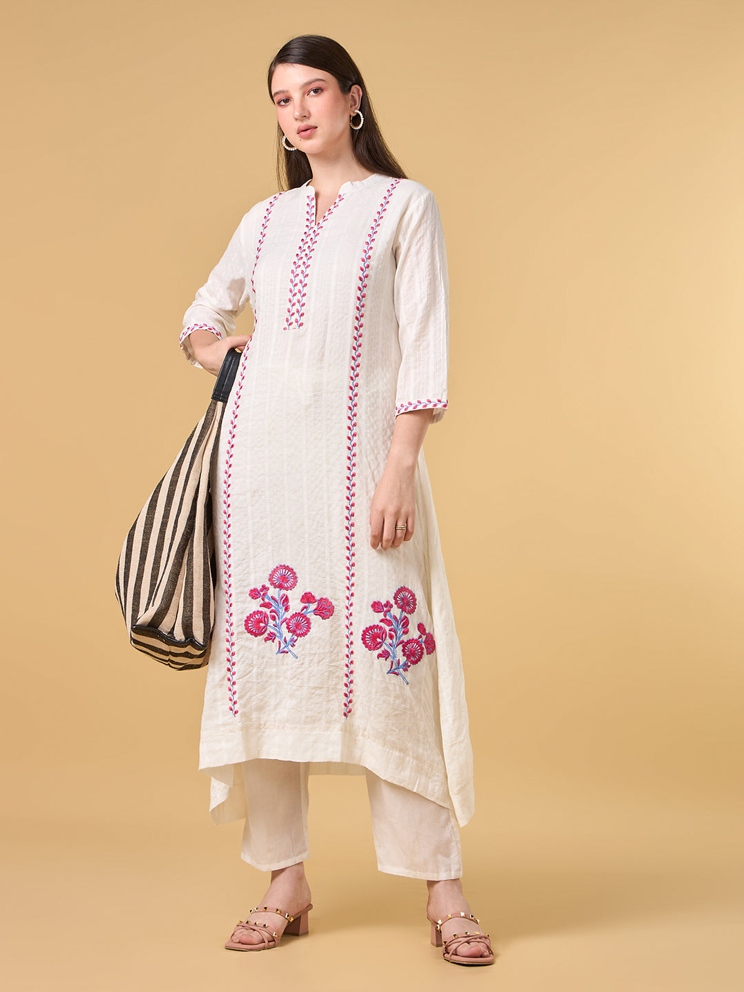 Off White Floral Embroidered Cotton Kurta Set