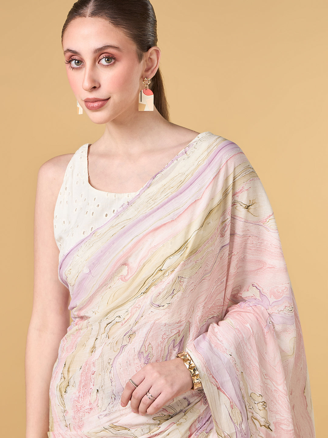 Pink City Hand Marble Printed Cotton Saree