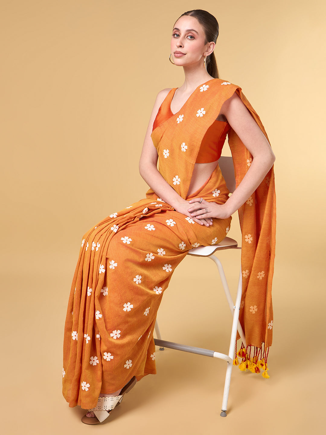 Saffron Parijat Handpainted Cotton Saree