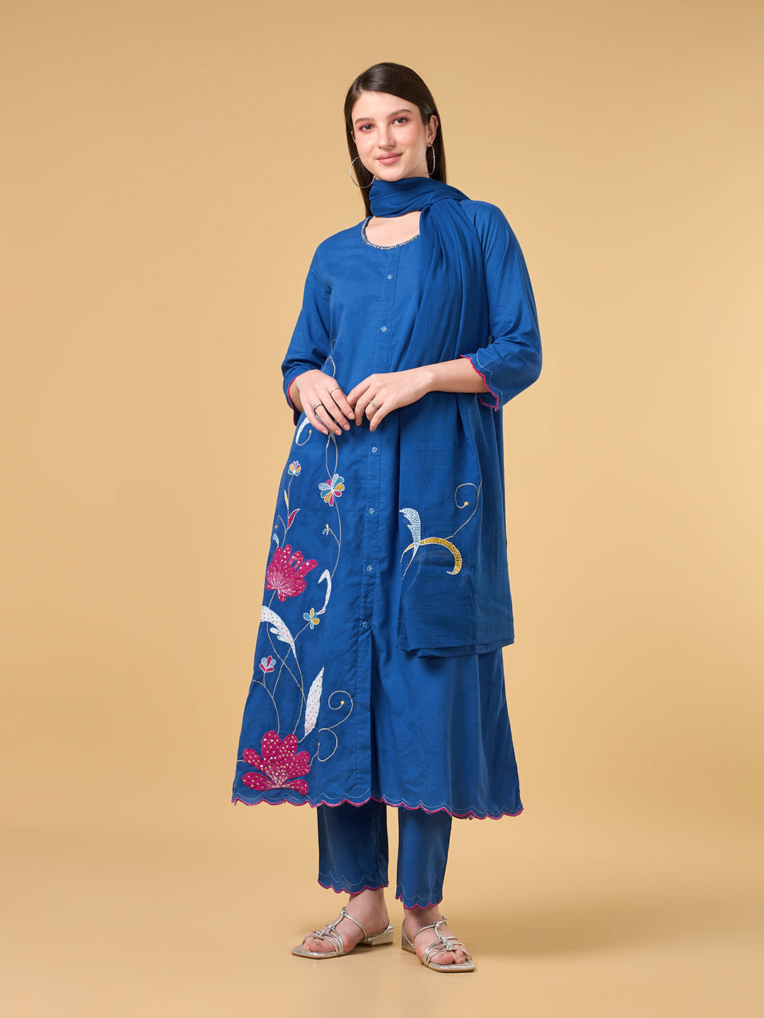 Royal Blue Embroidered Cotton Suit