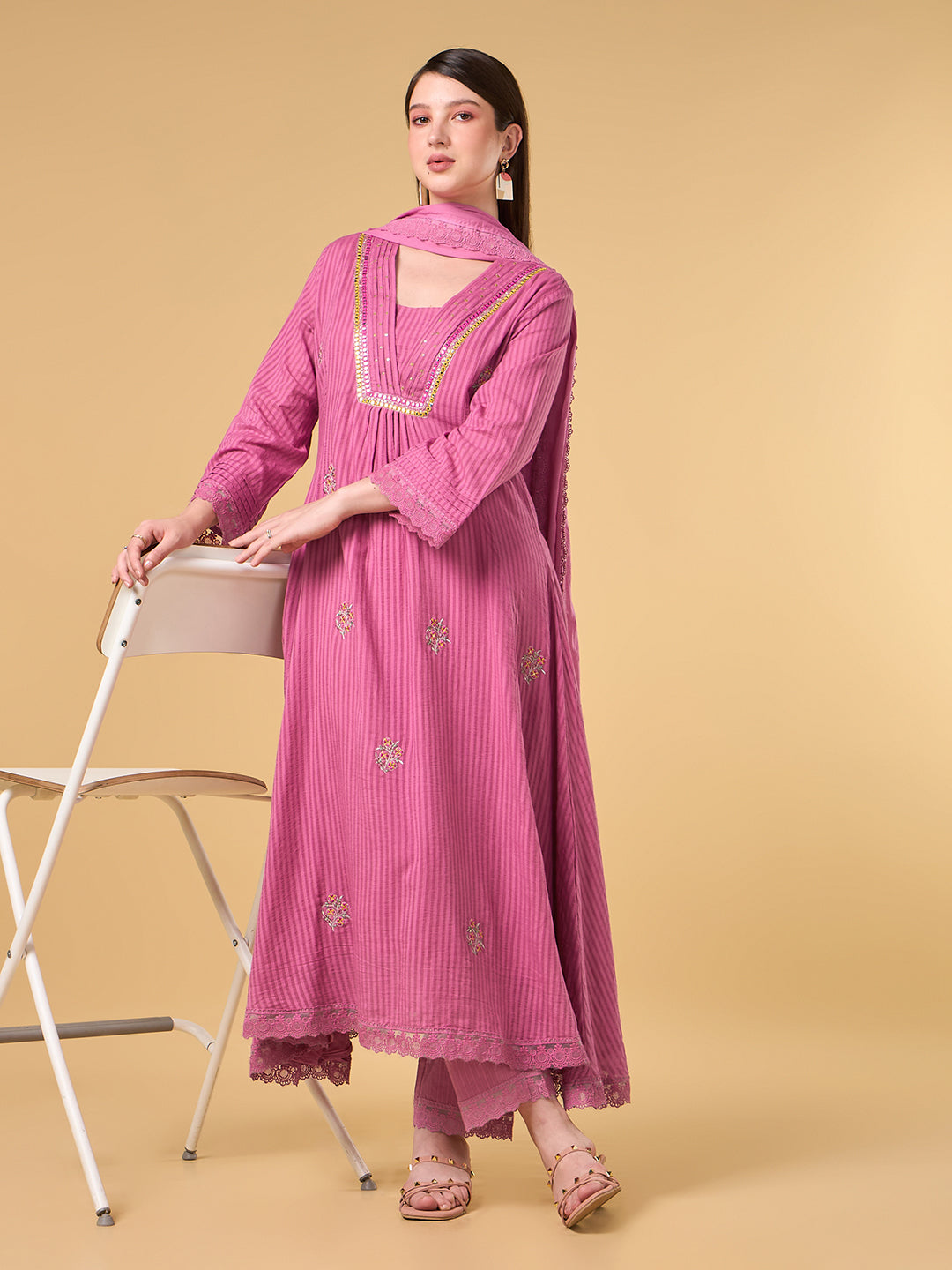 Pink Stripe Embroidered Cotton Suit