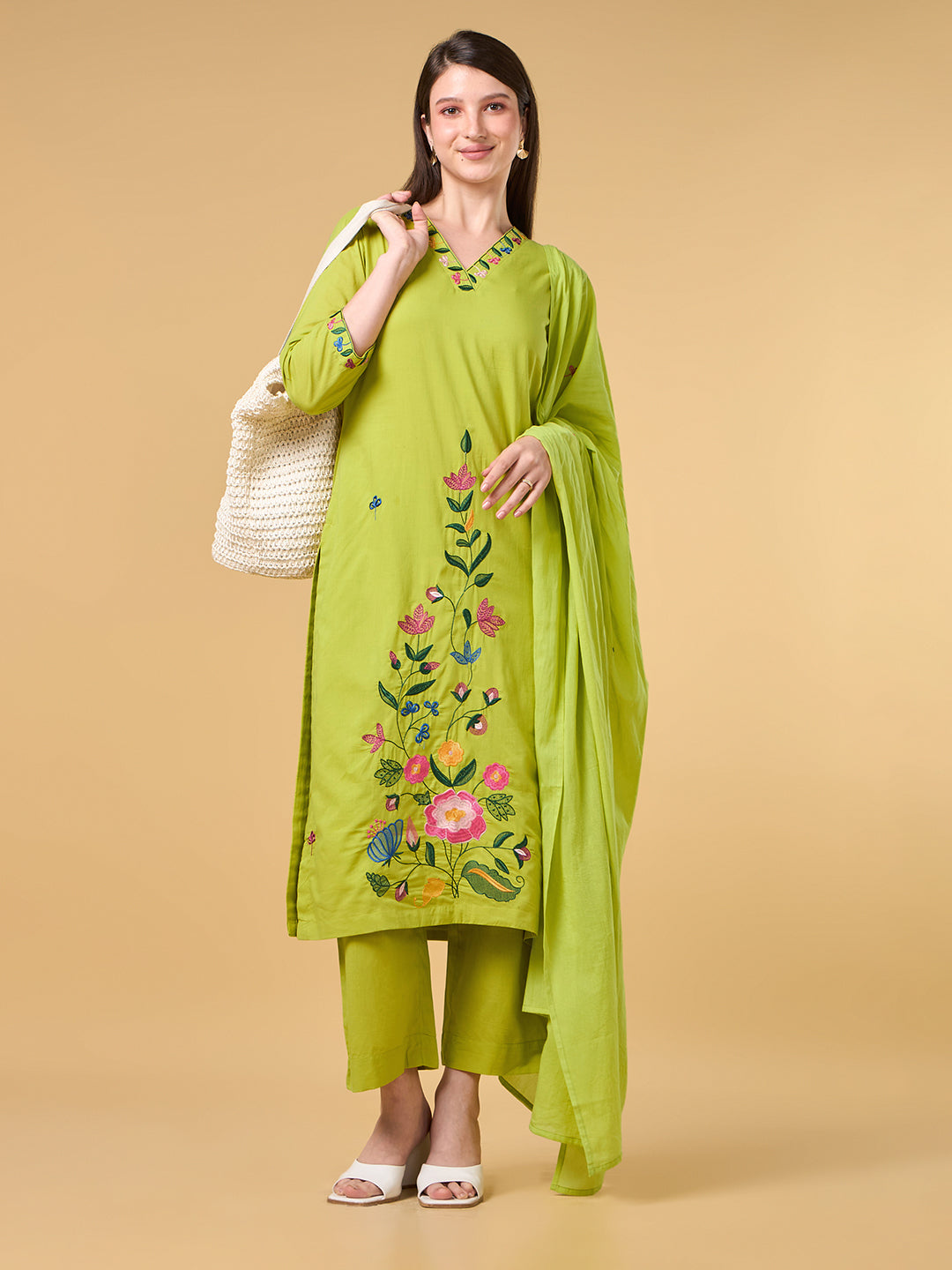 Green Embroidered Cotton Suit