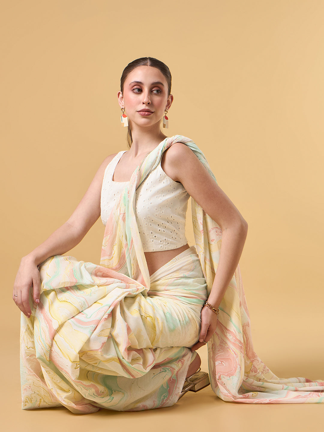 Misty Blue Hand Marble Printed Cotton Saree