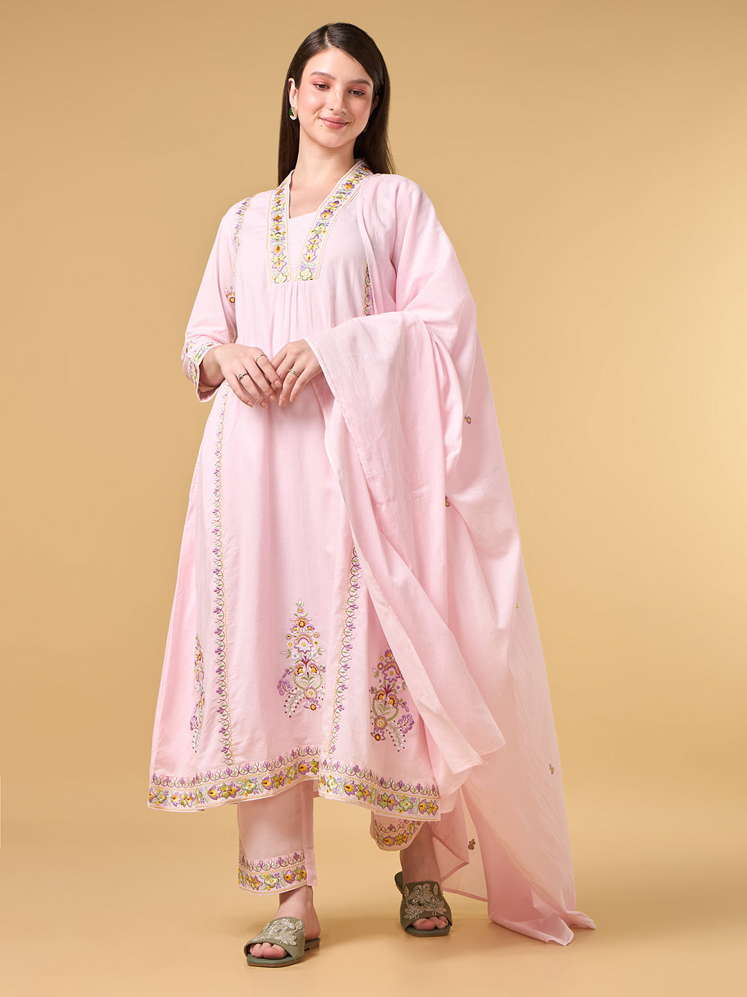 Pastel Pink Embroidered Cotton Suit