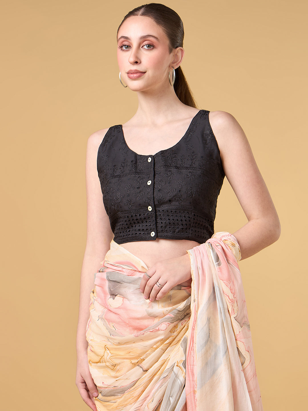 Pale Grey Hand Marble Printed Cotton Saree