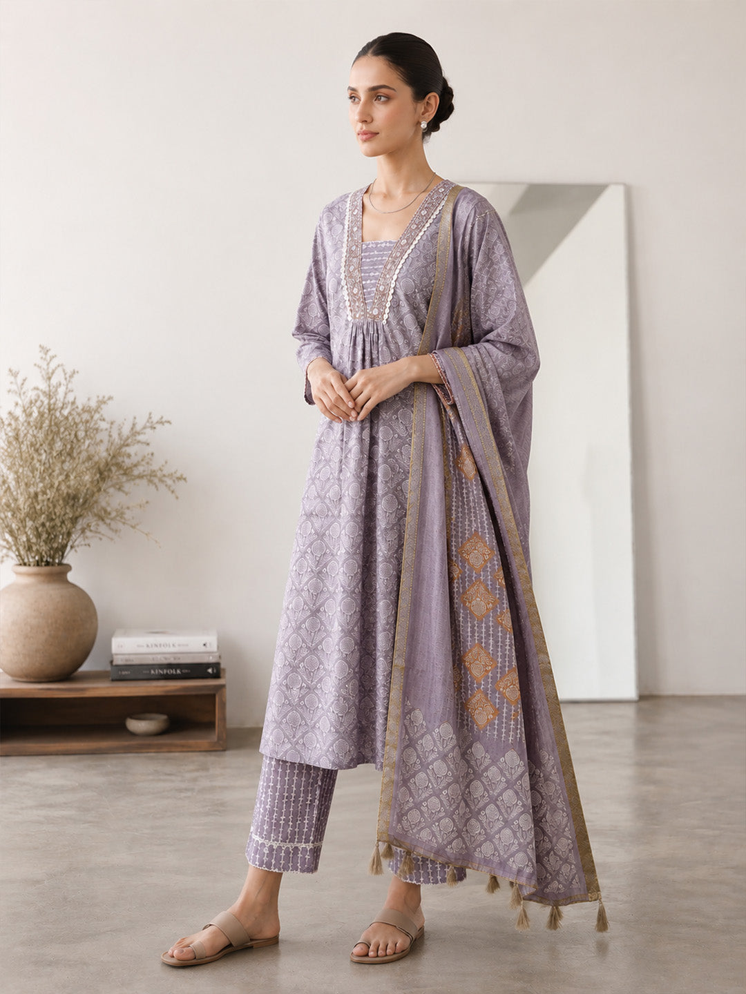 Misty Lavender Floral Block Print Cotton Suit