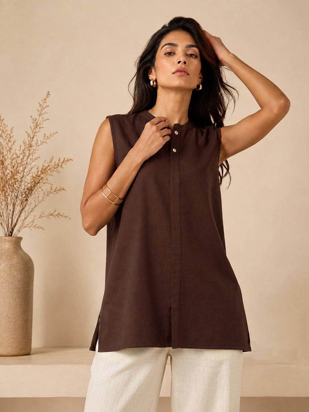 Linen Dark Brown Solid Short Kurta