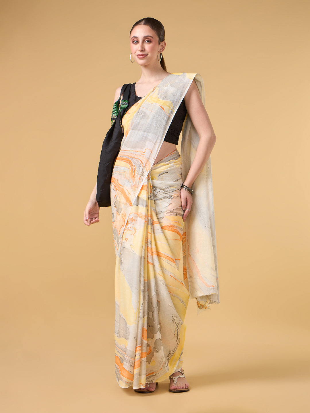 Yellow Abstract Hand Marble Printed Cotton Saree