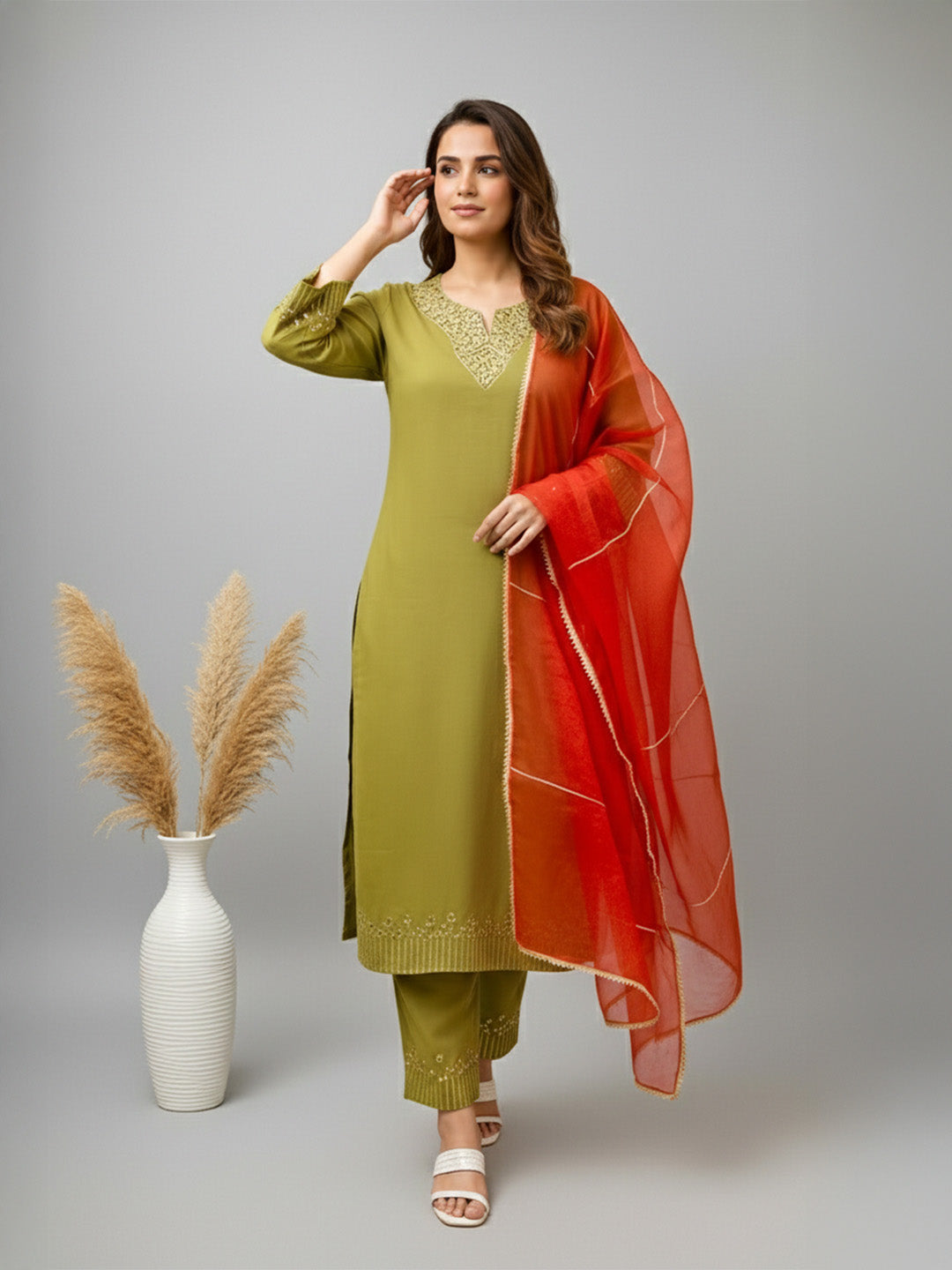 Saanjh Olive Green Mirror Work Cotton Suits