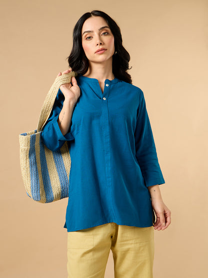 Classic Linen Spanish Blue Short kurta