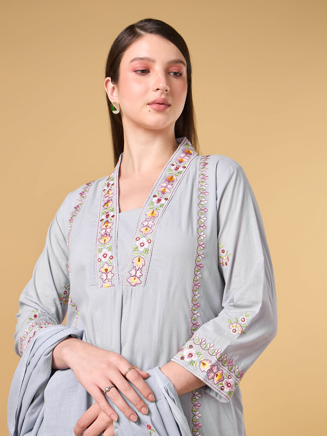 Grey Embroidered Cotton Suit