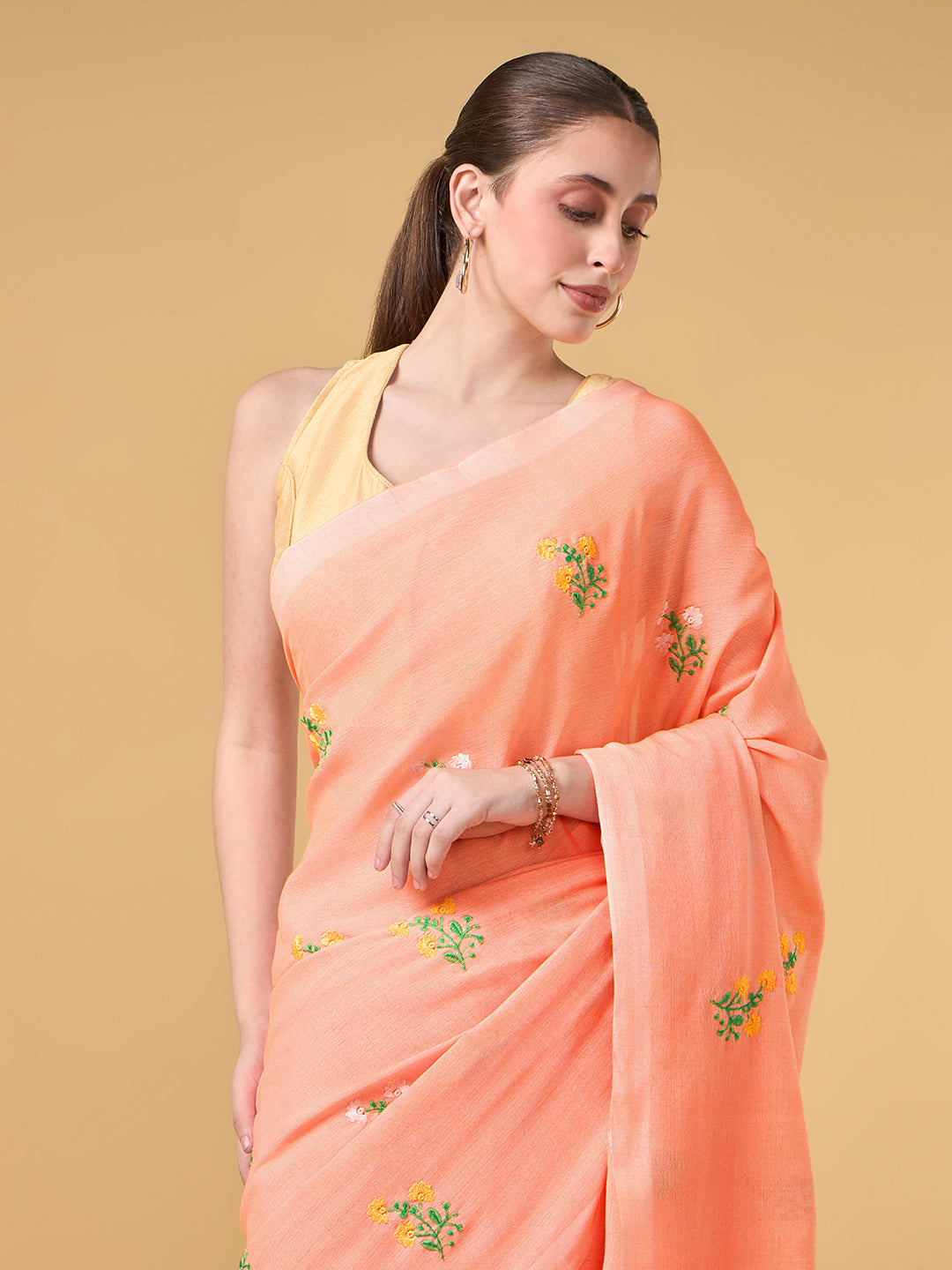 Pastel Orange Floral Embroidered Cotton Saree